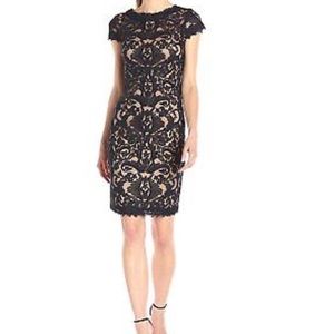 •Tadashi Shoji• Black Corded Lace Cap-Sleeve Dress
